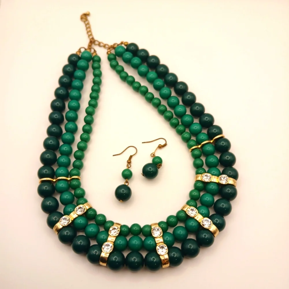 Green Triple Beaded Necklace‎ With Matching Earrings